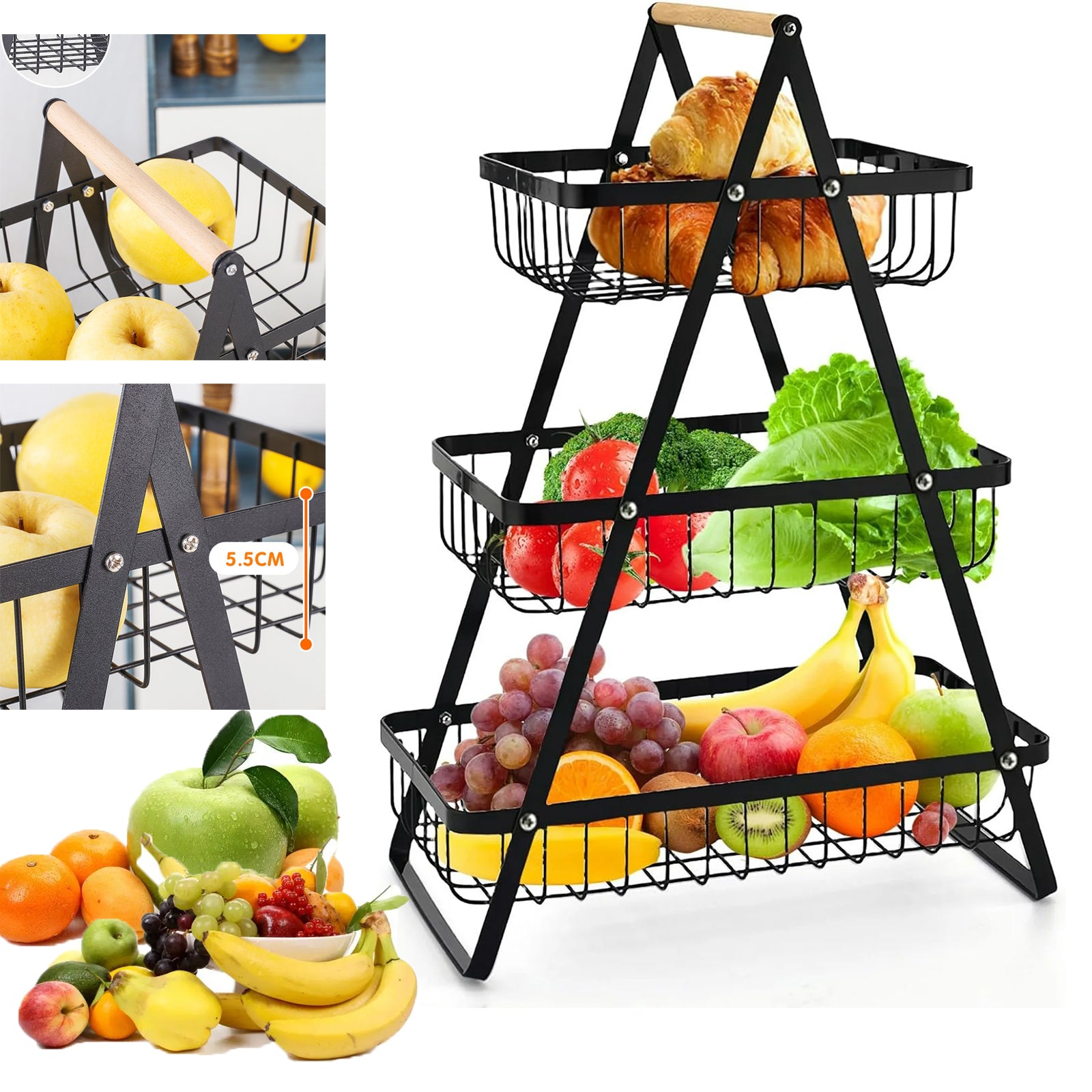 wooden handle counter top 3-tier fruit and vegetable stand by Metallics Home Metallics-Home