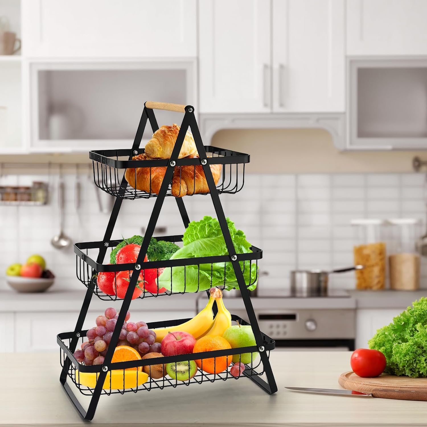 wooden handle counter top 3-tier fruit and vegetable stand by Metallics Home Metallics-Home