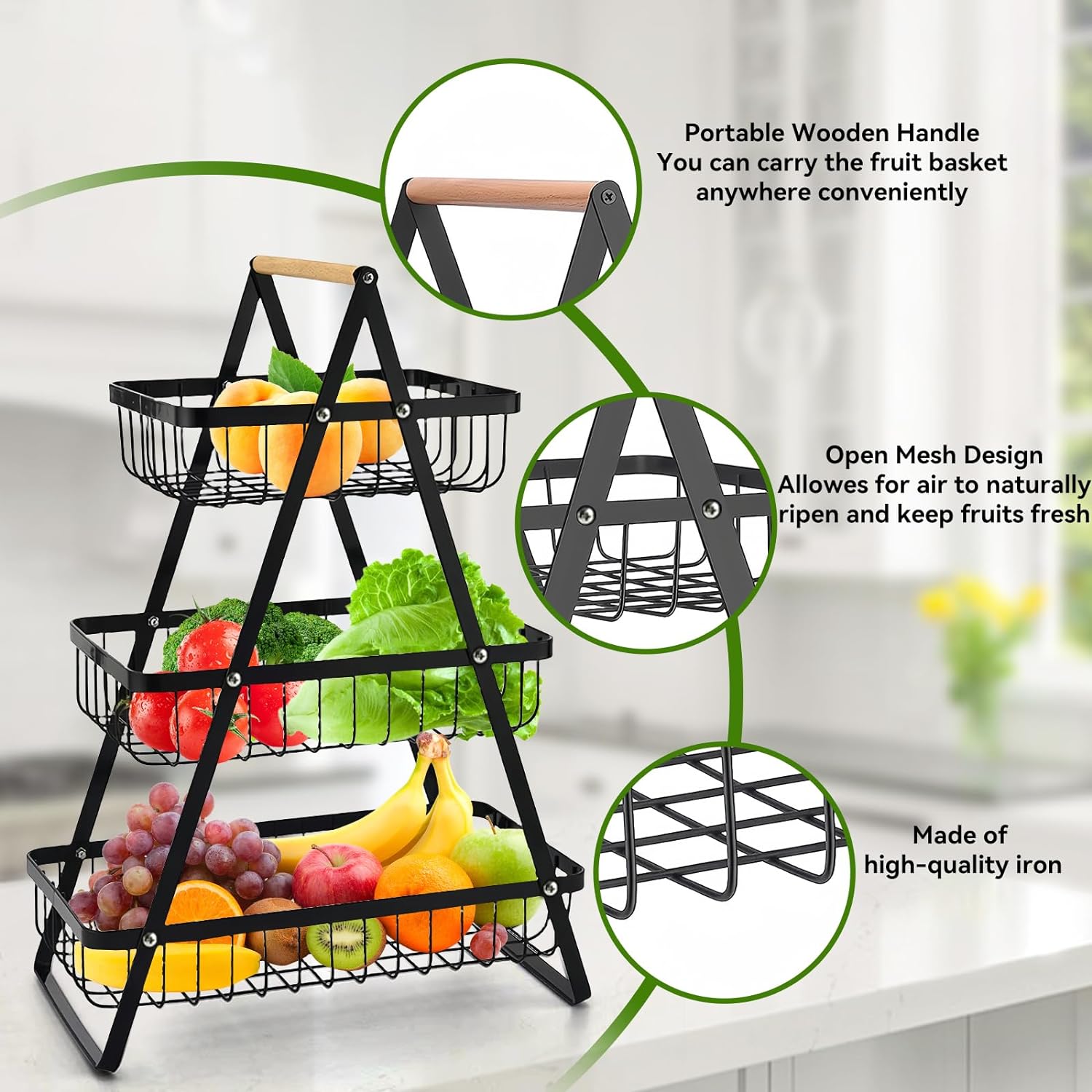 wooden handle counter top 3-tier fruit and vegetable stand by Metallics Home Metallics-Home